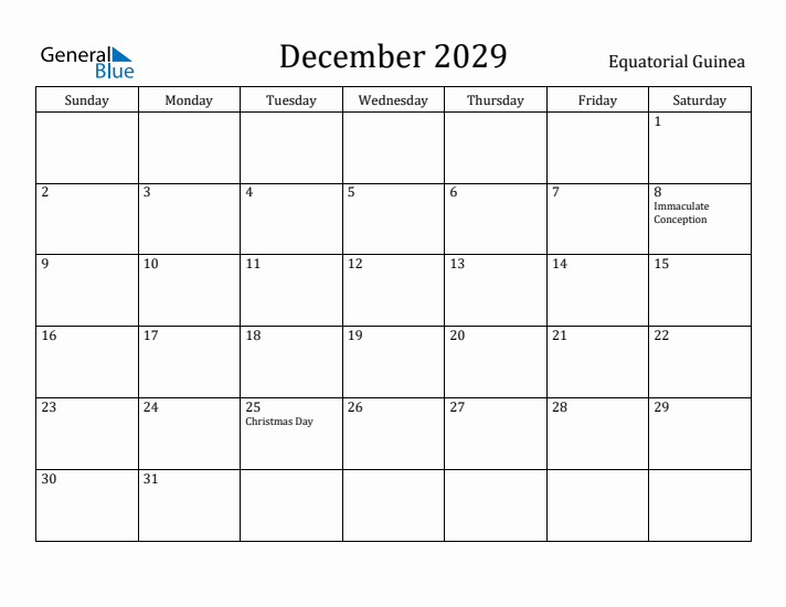 December 2029 Calendar Equatorial Guinea