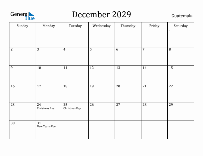 December 2029 Calendar Guatemala