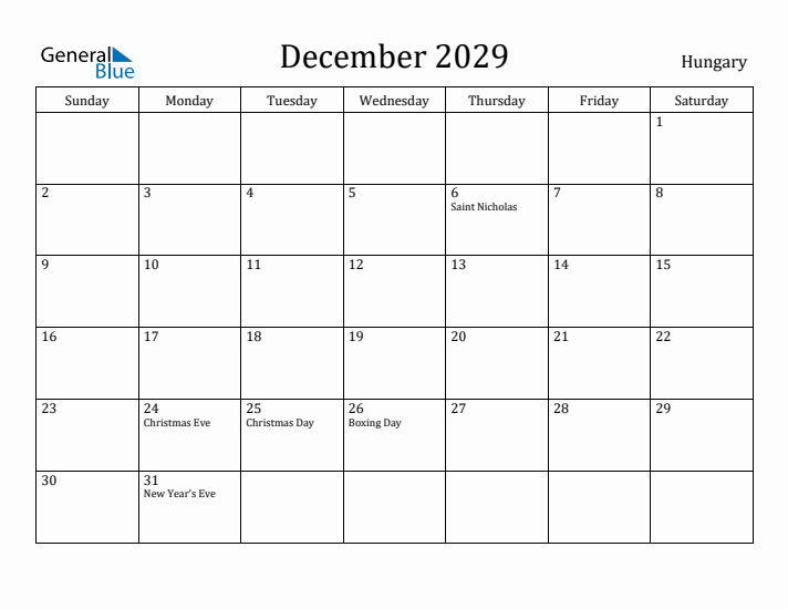 December 2029 Calendar Hungary