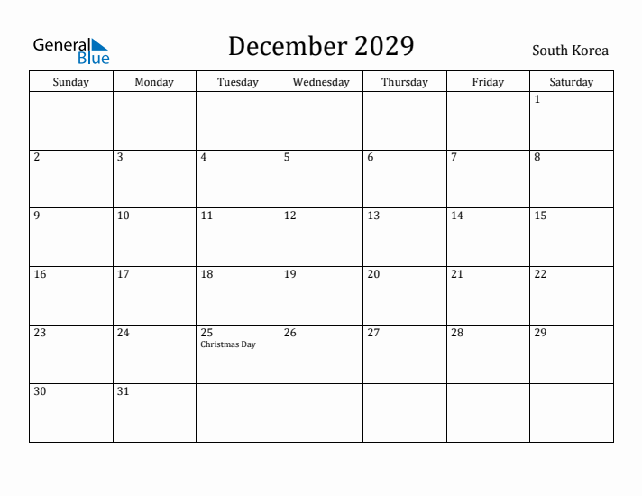 December 2029 Calendar South Korea