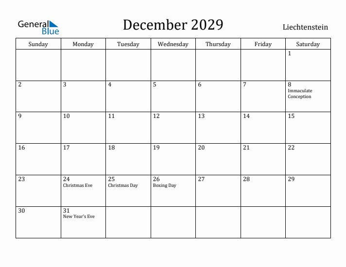 December 2029 Calendar Liechtenstein