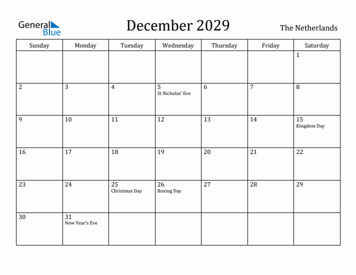 December 2029 Calendar The Netherlands