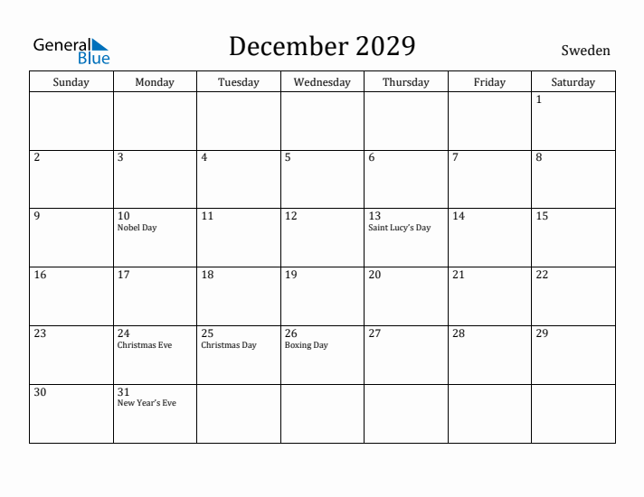 December 2029 Calendar Sweden