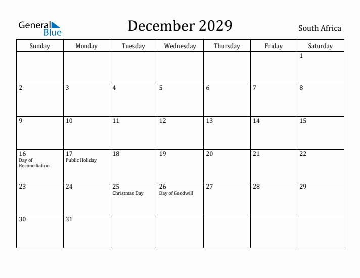 December 2029 Calendar South Africa