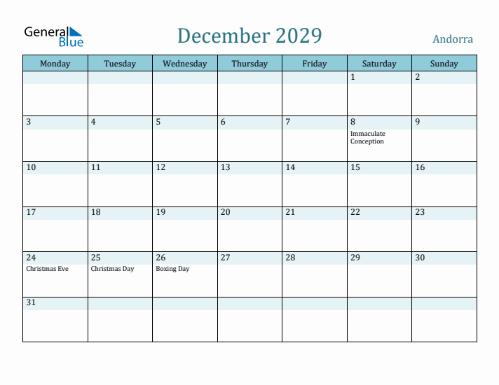 December 2029 Calendar with Holidays