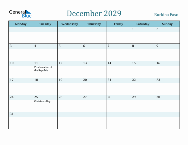 December 2029 Calendar with Holidays