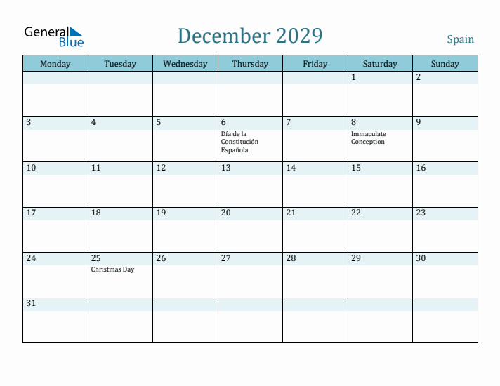 December 2029 Calendar with Holidays