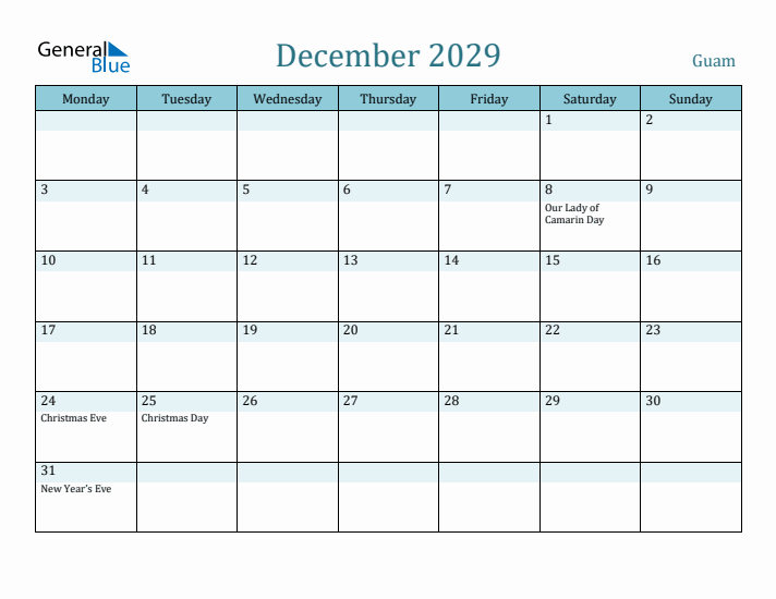 December 2029 Calendar with Holidays