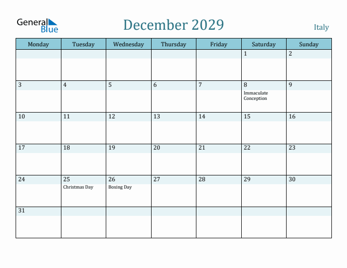 December 2029 Calendar with Holidays