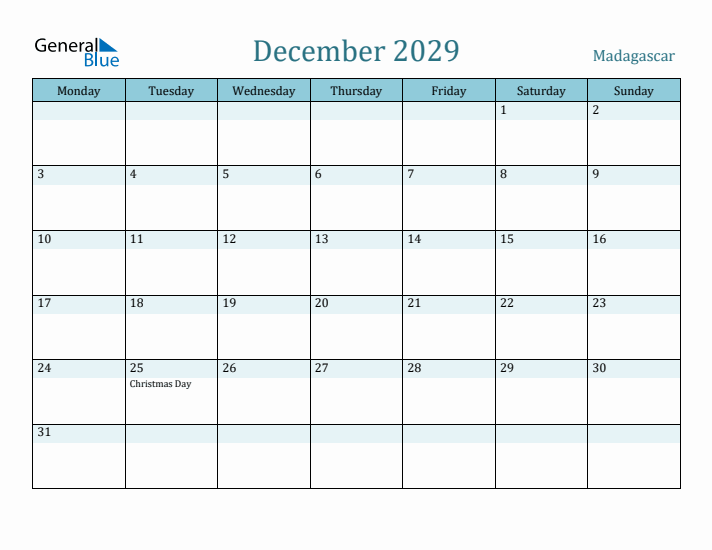 December 2029 Calendar with Holidays