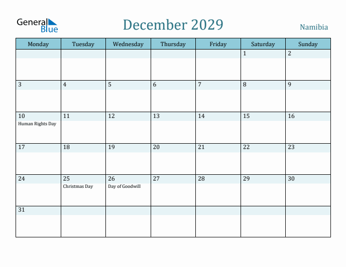 December 2029 Calendar with Holidays