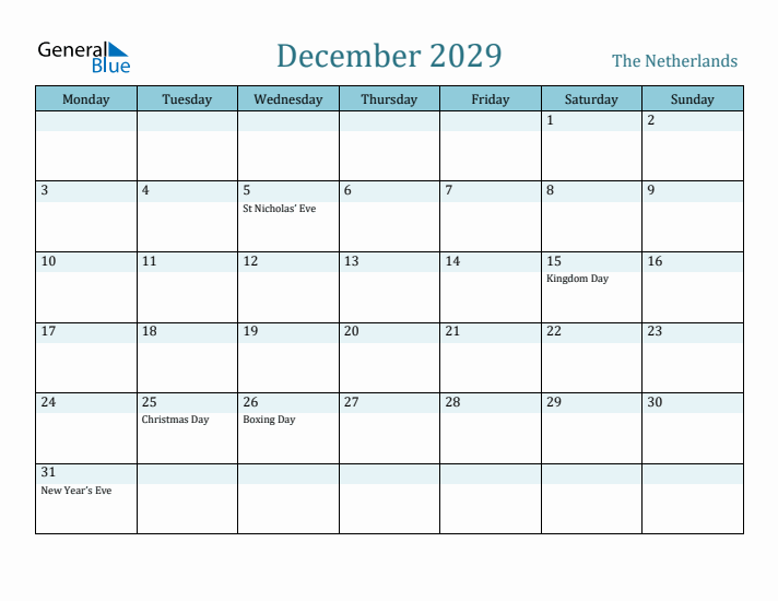 December 2029 Calendar with Holidays