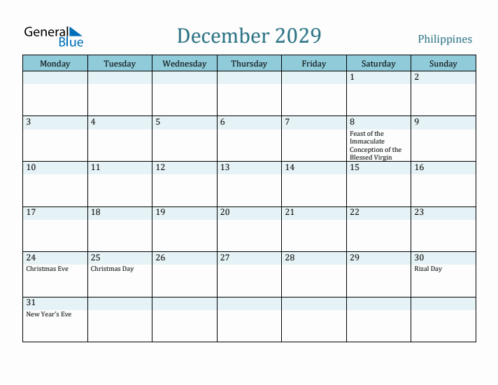 December 2029 Calendar with Holidays