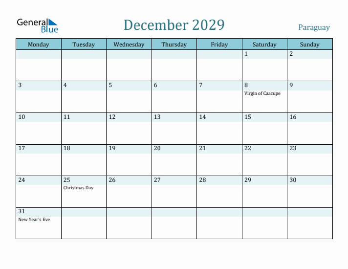 December 2029 Calendar with Holidays