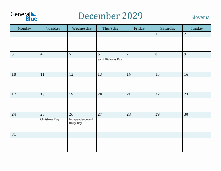 December 2029 Calendar with Holidays