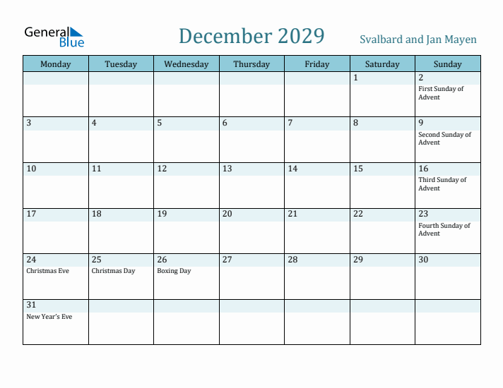 December 2029 Calendar with Holidays