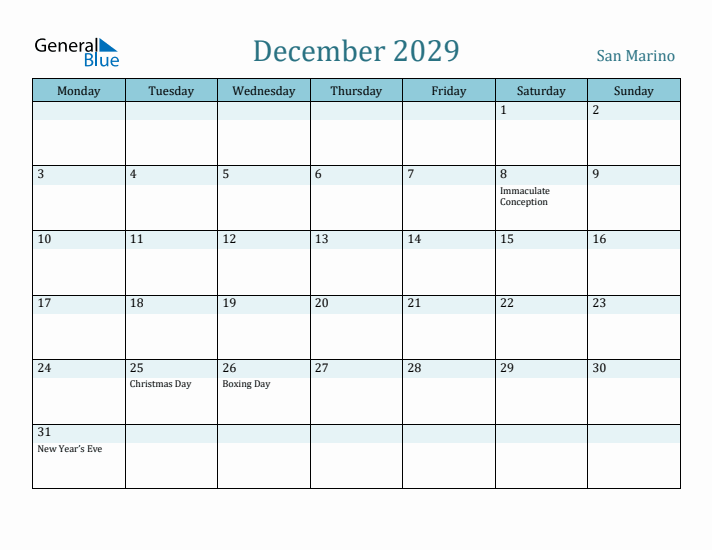 December 2029 Calendar with Holidays