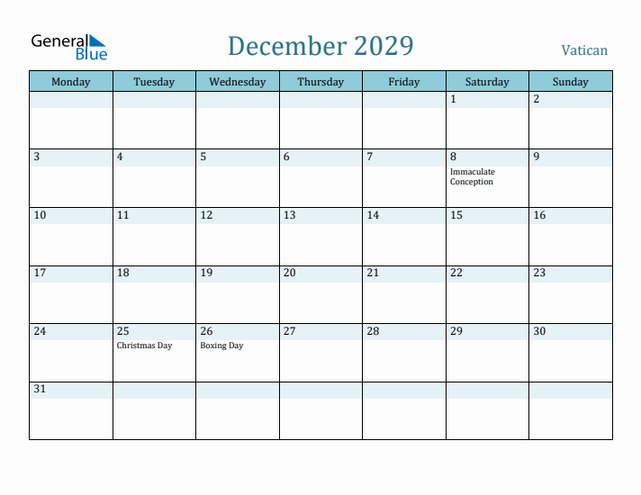 December 2029 Calendar with Holidays