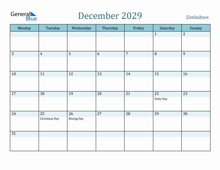 December 2029 Calendar with Holidays