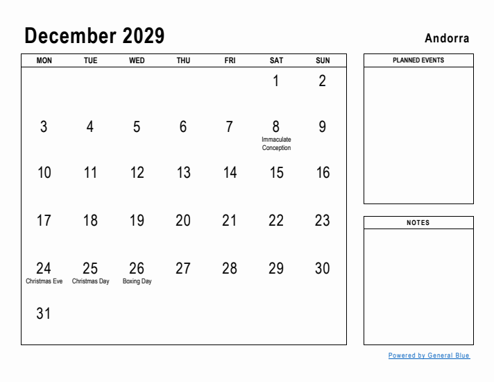 December 2029 Printable Monthly Calendar with Andorra Holidays