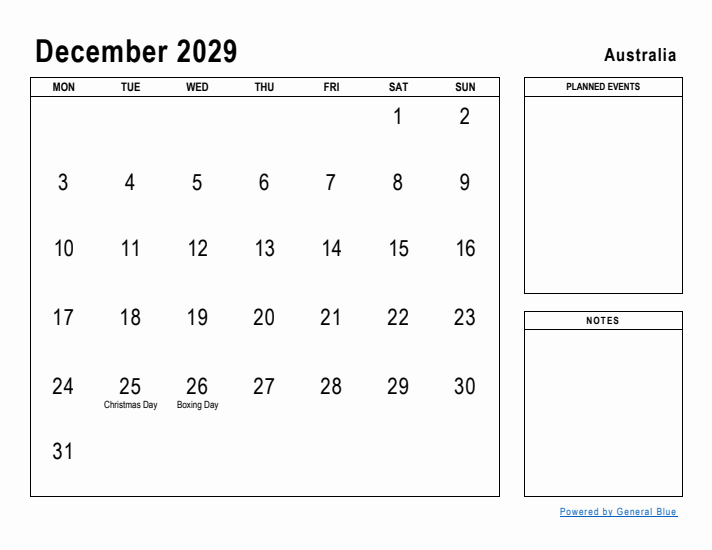 December 2029 Printable Monthly Calendar with Australia Holidays