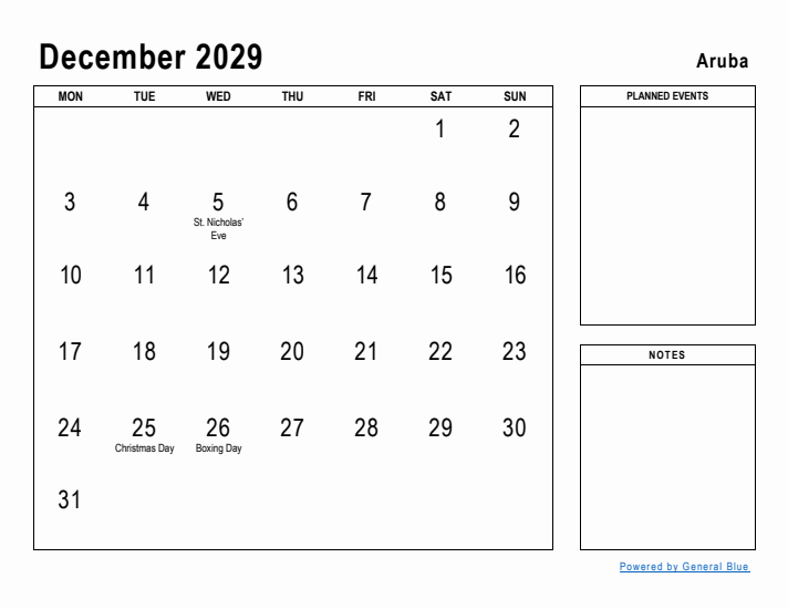 December 2029 Printable Monthly Calendar with Aruba Holidays