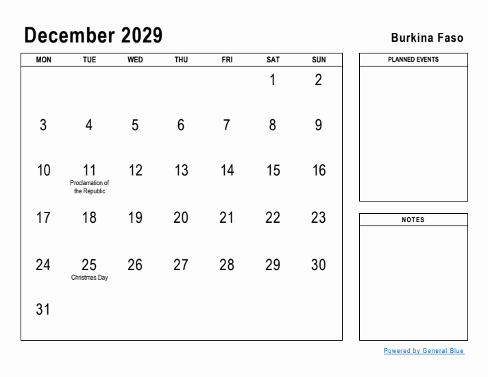 December 2029 Printable Monthly Calendar with Burkina Faso Holidays