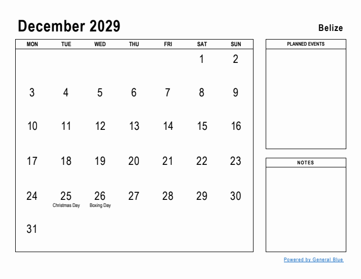 December 2029 Printable Monthly Calendar with Belize Holidays