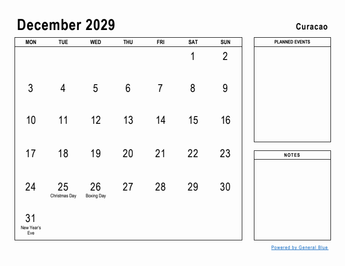 December 2029 Printable Monthly Calendar with Curacao Holidays