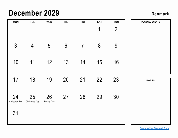 December 2029 Printable Monthly Calendar with Denmark Holidays