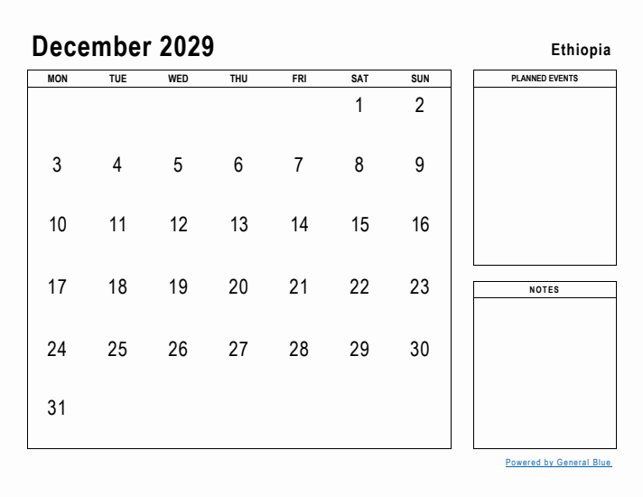 December 2029 Printable Monthly Calendar with Ethiopia Holidays