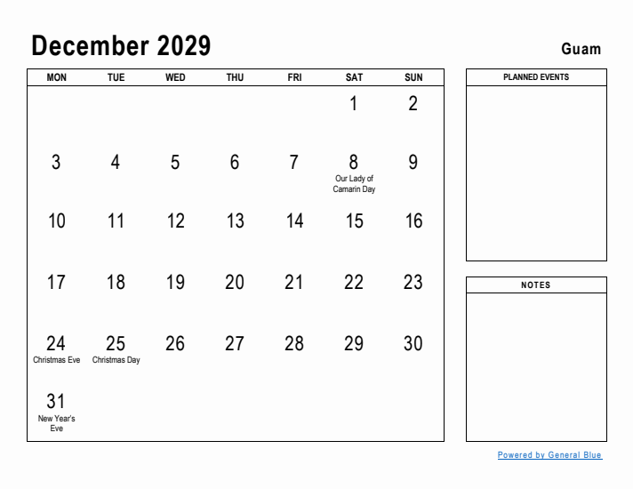 December 2029 Printable Monthly Calendar with Guam Holidays