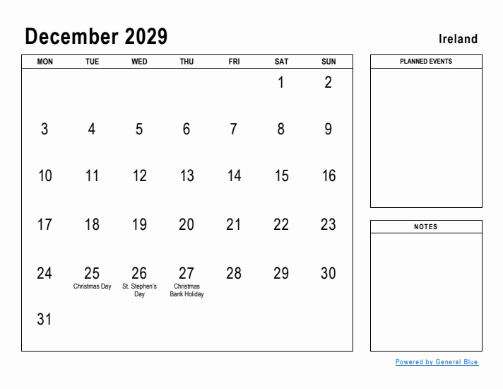 December 2029 Printable Monthly Calendar with Ireland Holidays