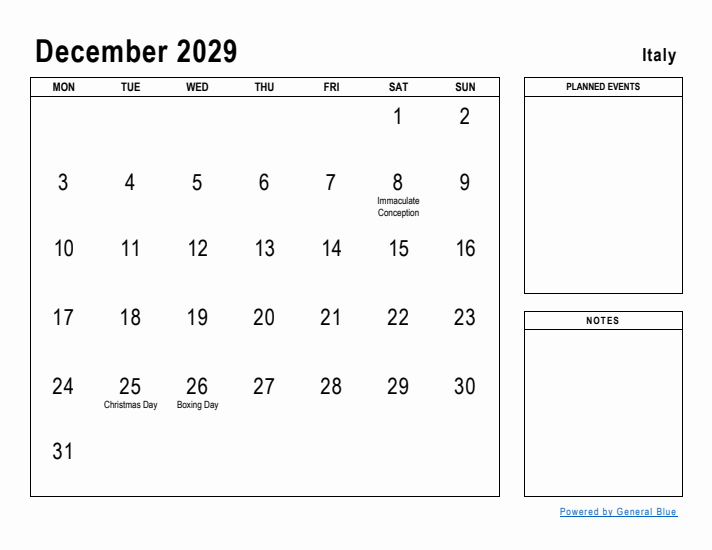 December 2029 Printable Monthly Calendar with Italy Holidays