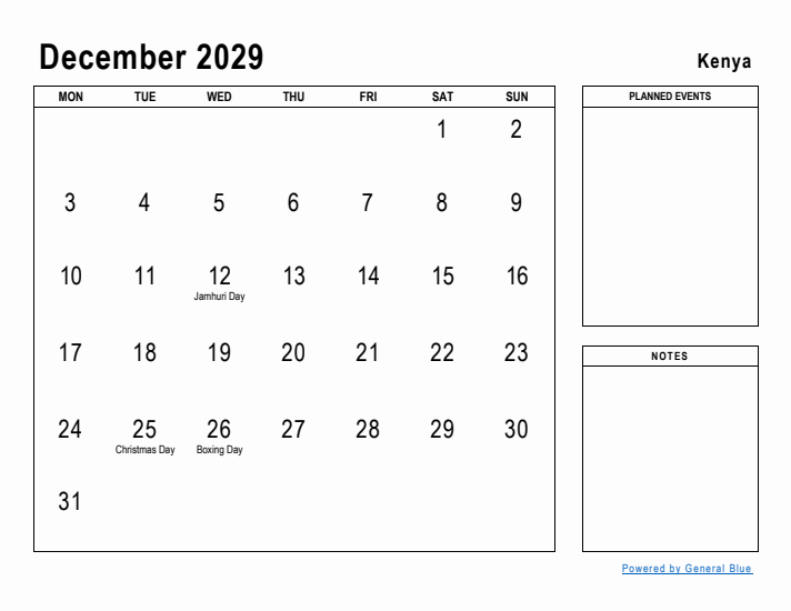 December 2029 Printable Monthly Calendar with Kenya Holidays