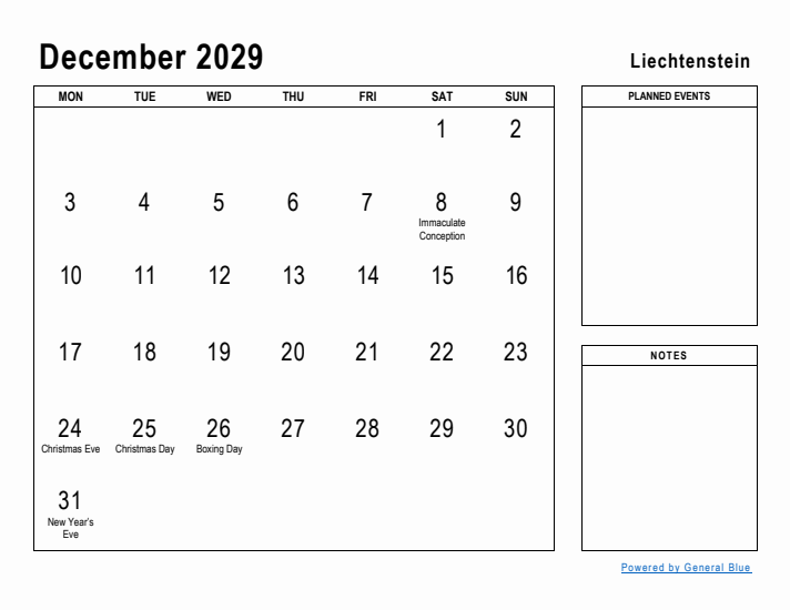 December 2029 Printable Monthly Calendar with Liechtenstein Holidays