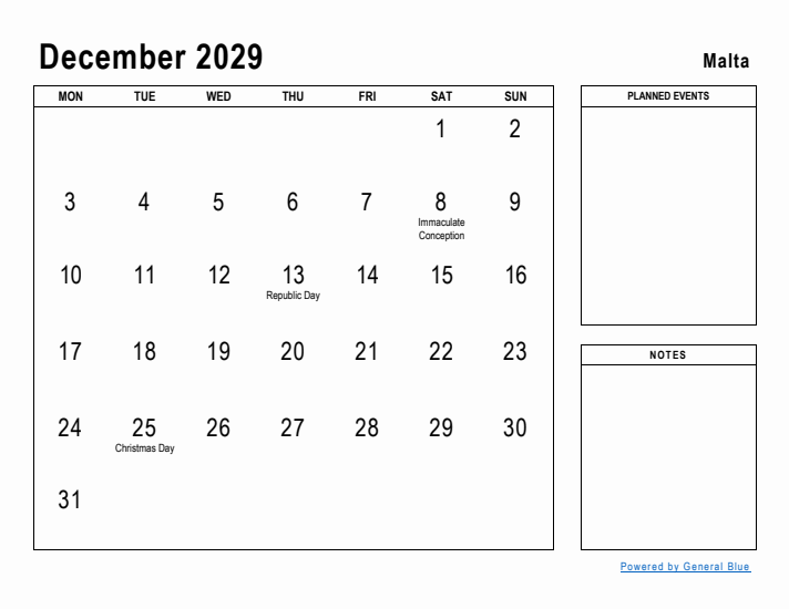 December 2029 Printable Monthly Calendar with Malta Holidays