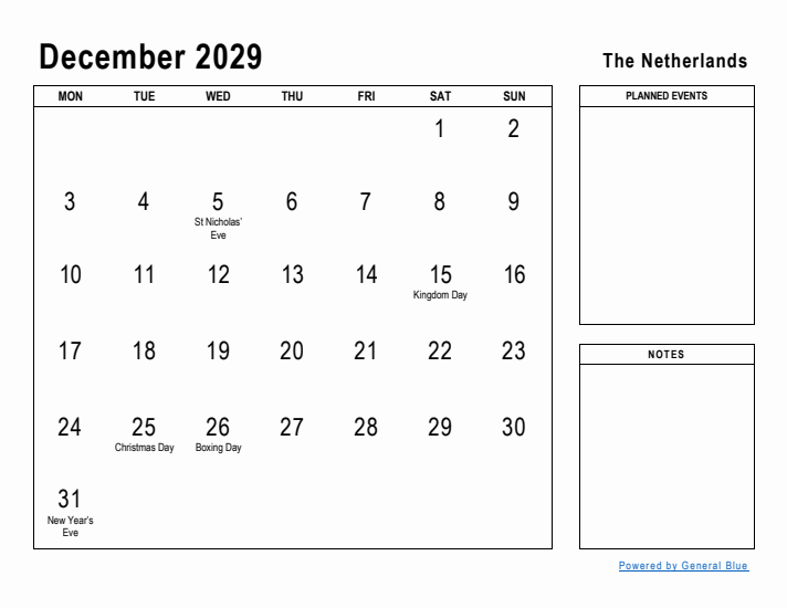 December 2029 Printable Monthly Calendar with The Netherlands Holidays