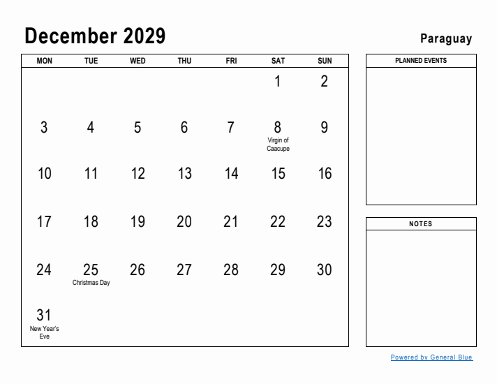 December 2029 Printable Monthly Calendar with Paraguay Holidays