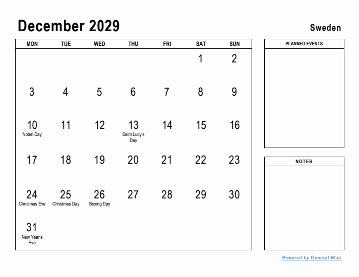 December 2029 Printable Monthly Calendar with Sweden Holidays