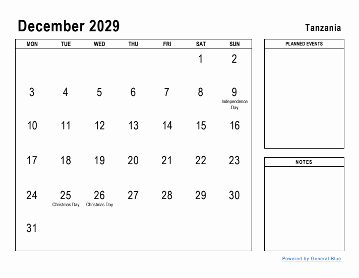 December 2029 Printable Monthly Calendar with Tanzania Holidays