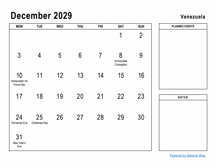 December 2029 Printable Monthly Calendar with Venezuela Holidays