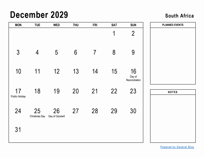 December 2029 Printable Monthly Calendar with South Africa Holidays