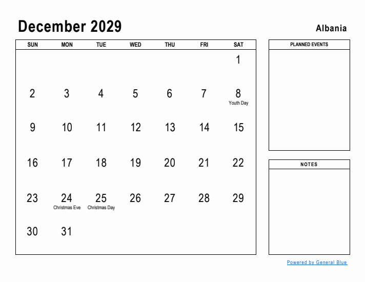 December 2029 Printable Monthly Calendar with Albania Holidays