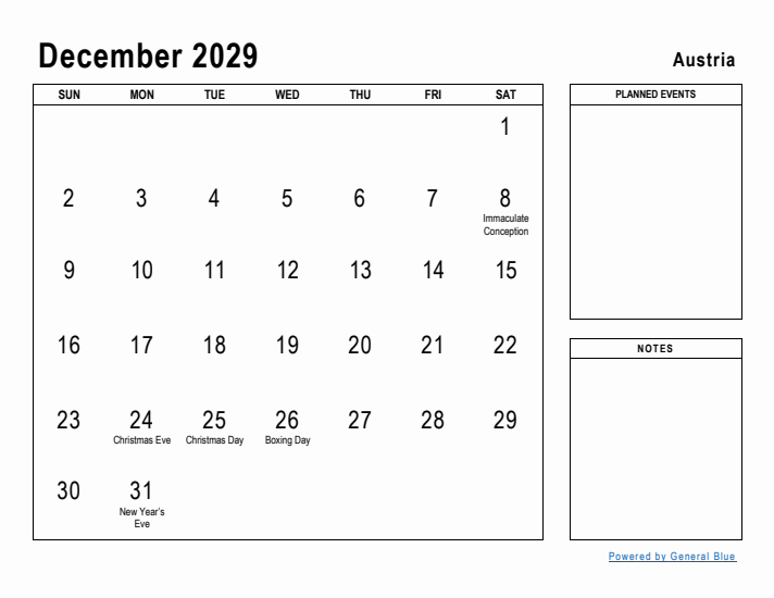 December 2029 Printable Monthly Calendar with Austria Holidays