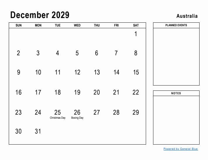 December 2029 Printable Monthly Calendar with Australia Holidays