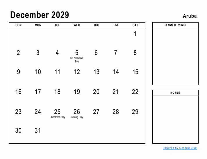 December 2029 Printable Monthly Calendar with Aruba Holidays