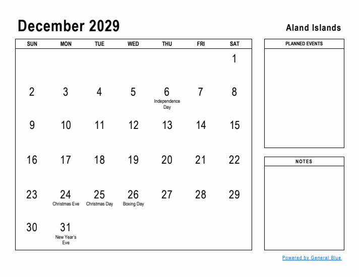 December 2029 Printable Monthly Calendar with Aland Islands Holidays