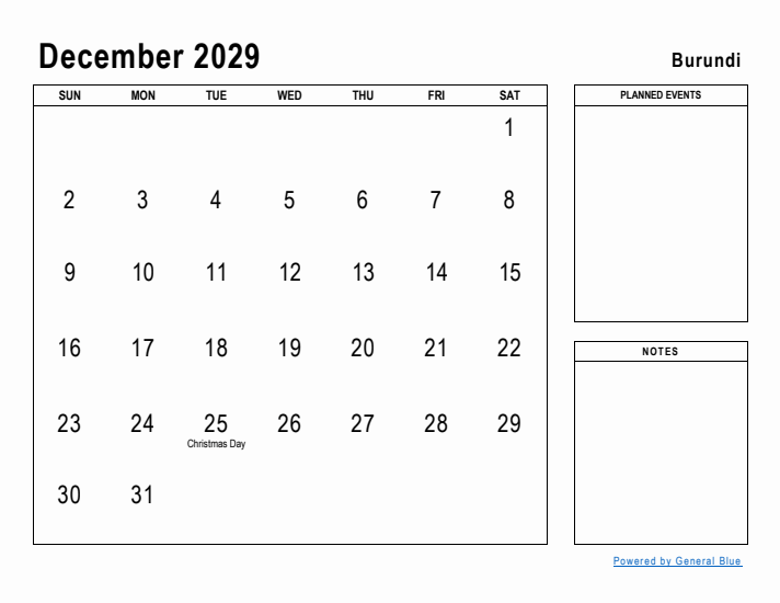 December 2029 Printable Monthly Calendar with Burundi Holidays