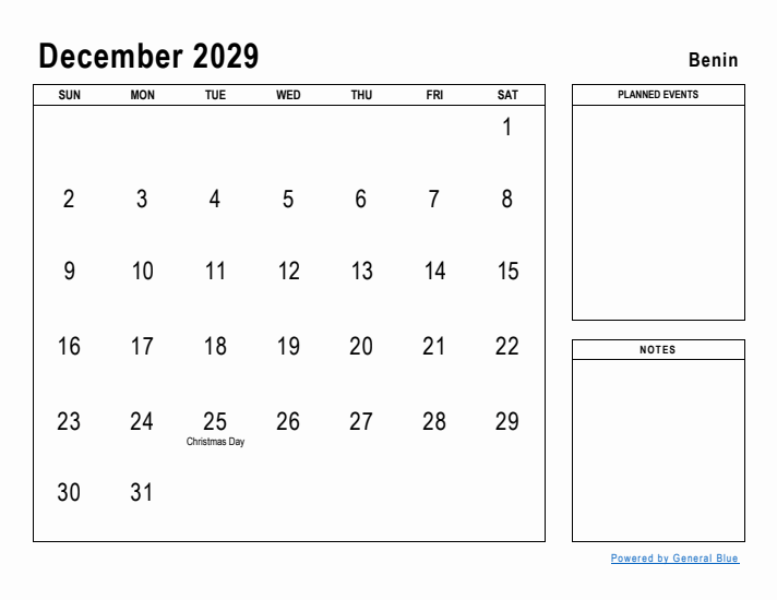 December 2029 Printable Monthly Calendar with Benin Holidays